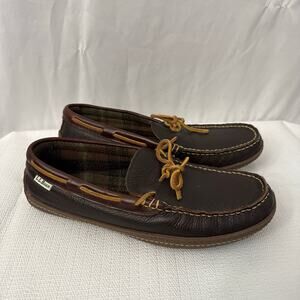 LL Bean Slippers Mens Size 9 M Leather Brown Handsewn Flannel Lined Slip On
